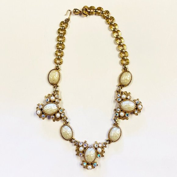 Vintage Selro Pearl & Aurora Borealis Crystal Gold Chain Necklace - Picture 1 of 9